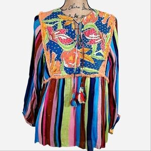 NEW Anthropologie VERB Tropical Rainbow Sequin Embroidered Peasant Top Medium